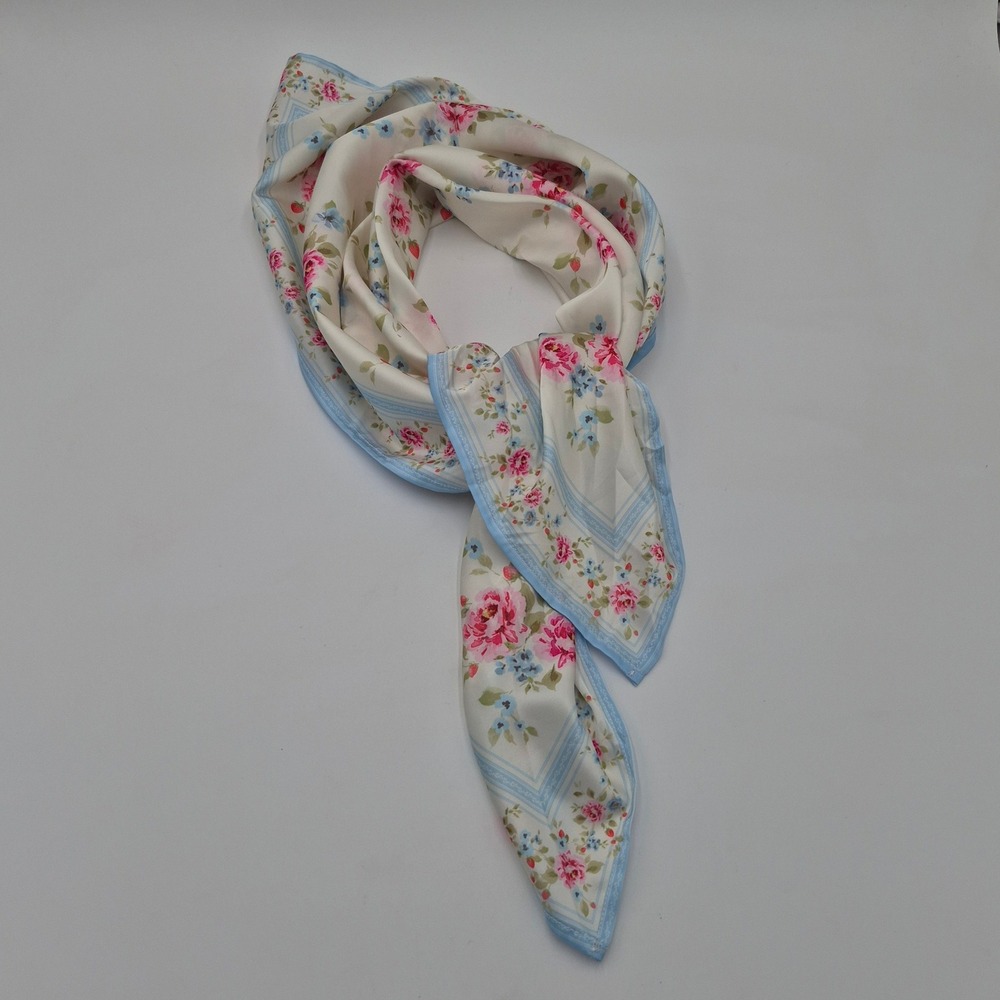 Vintage Floral Square Scarf Pink Roses Blue Border Cottagecore Silky Neck Wrap